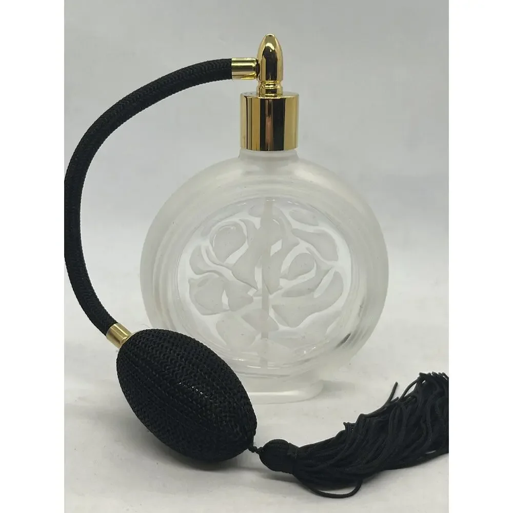Vintage Heavy Solid Glass Flat Round Etched Cut Rose Perfume Bottle Atomizer